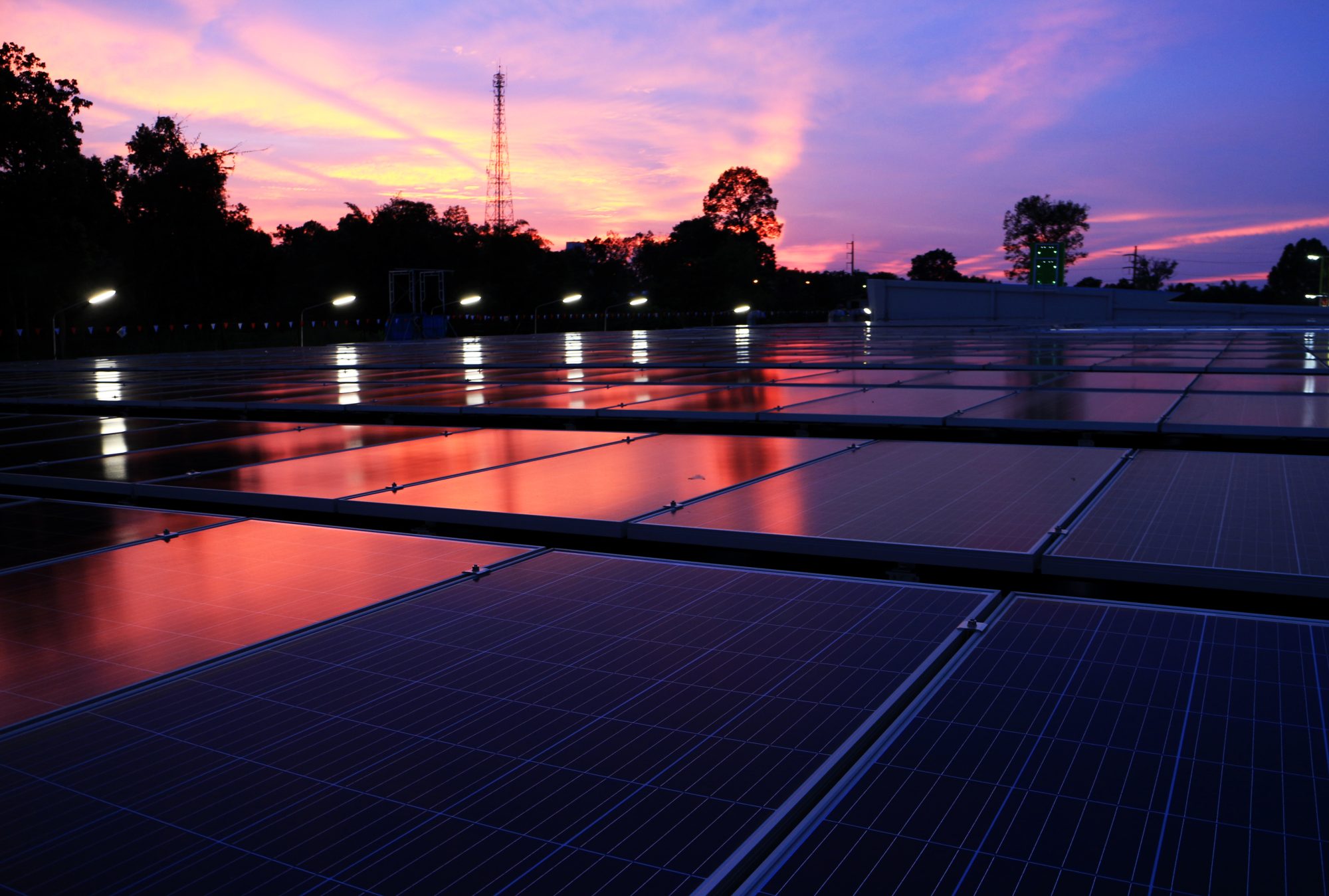 Solar PV Rooftop at Dawn Red Cloud colorful Sky